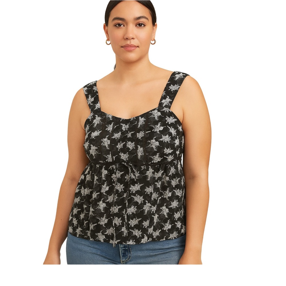 Venezia Floral Print Square Neck Tank Top Women's Black White Sleeveless